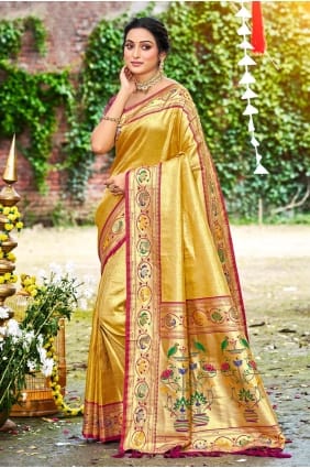 Sari en soie jaune brodée avec chemisier assorti SR29835