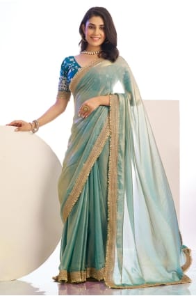 Sari bleu turquoise en satin brodé avec chemisier assorti SR29765