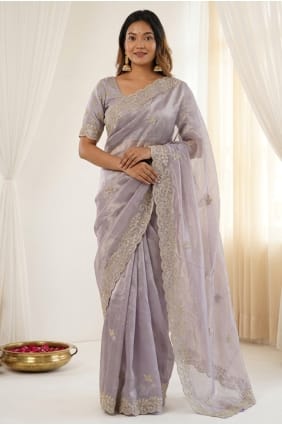 Sari lavande en satin brodé SR30144