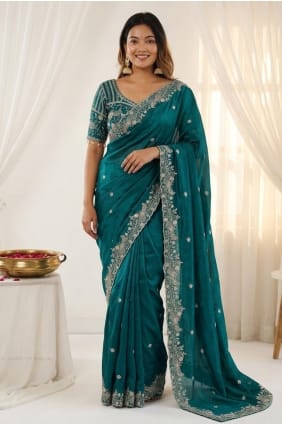 Sari de soirée en satin brodé vert Rama SR30105