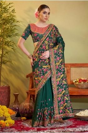 Saris en satin brodé vert avec chemisier SR28243
