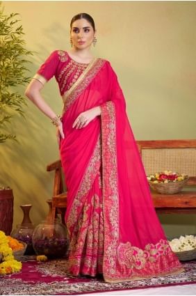 sari en satin brodé rose avec chemisier SR28242