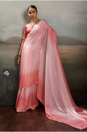 Sari en satin brodé rose poudré SR30033