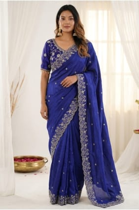 Sari bleu royal avec broderies en satin SR30197