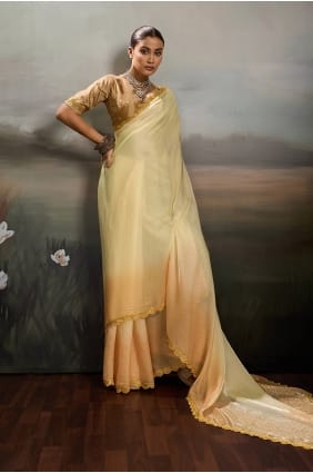Sari jaune en satin brodé SR30034
