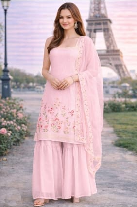 Ensemble Sharara en georgette brodée rose clair avec dupatta SS1314