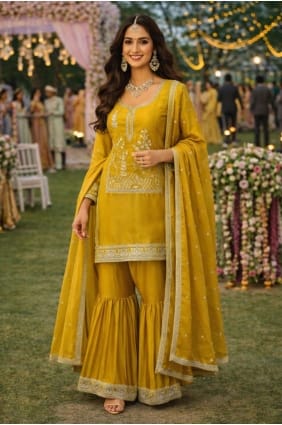 Ensemble Sharara moutarde avec soie brodée SS1354