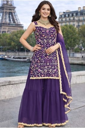 Ensemble Sharara en georgette brodée violette SS1309