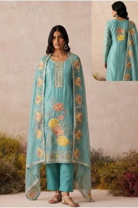 Salwar Kameez bleu ciel scintillant brodé avec dupatta SK156053