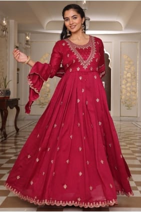 Ensemble Anarkali en soie brodé rose pour l'Aïd AS4166