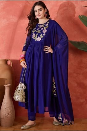 Ensemble Anarkali bleu royal pour l'Aïd avec soie brodée AS4182