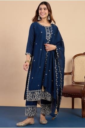 Palazzo Kurti en soie bleue brodée PZ4496