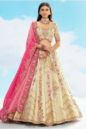 choli lehenga en soie crème brodée avec dupatta LC8473