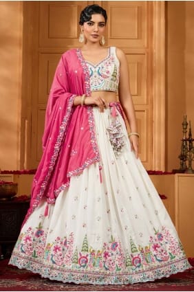 Lehenga Choli en soie brodée crème LC8809
