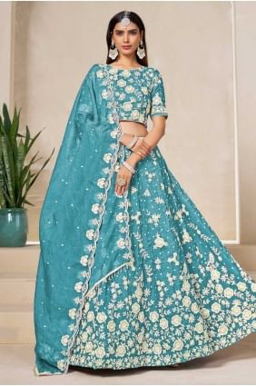 Lehenga Choli en soie brodée vert mer LC8557