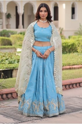 Lehenga Choli en soie brodée bleu ciel LC8880