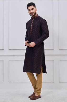 Kurta pour homme en soie violet foncé brodée KURR262
