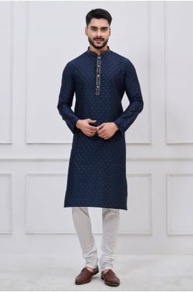 Kurta pour homme en soie bleu marine brodée avec dupatta KURR260