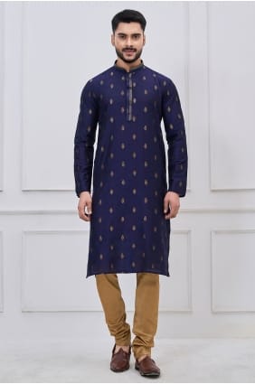 Kurta homme bleu marine en soie brodée KURR264