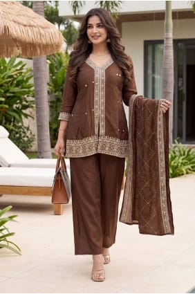 Ensemble palazzo brodé en soie couleur café avec dupatta PZ4461