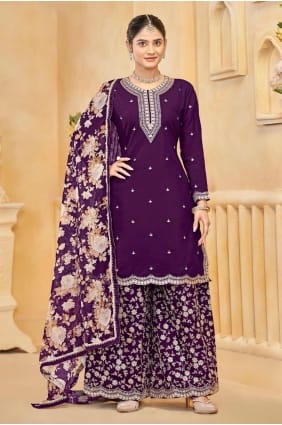 Costume palazzo en soie brodée violet avec dupatta PZ4130