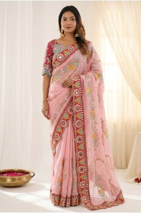 Sari rose pâle en soie brodée, idéal pour les fêtes, avec chemisier assorti. SR30113