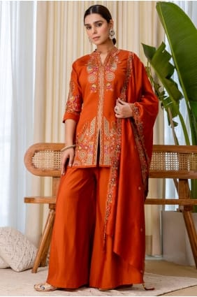 Ensemble Patiala en soie rouille avec broderies PZ4494