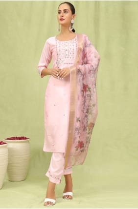 Salwar Kameez en soie rose brodée avec dupatta SK15844