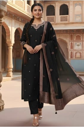 Salwar Kameez noir brodé pour l'Aïd en soie SK155949