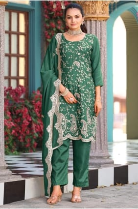 Salwar Kameez en soie brodée verte pour l'Aïd SK155937
