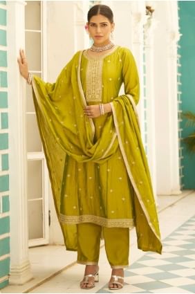Salwar Kameez en soie citron brodé SK155701