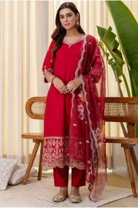Salwar Kameez rouge en soie brodée avec dupatta SK156057