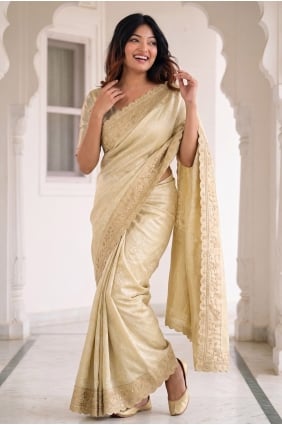 Embroidered Silk Saree in Cream SR30288