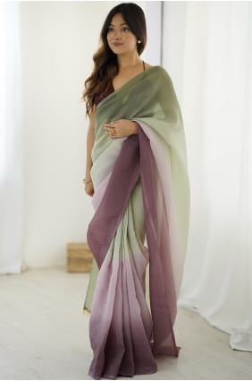 Sari en soie brodée de vin vert SR29861