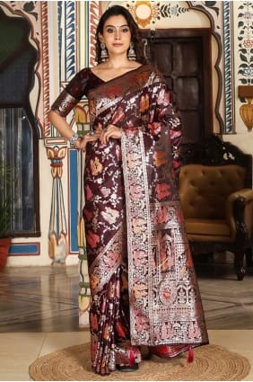 Sari en soie brodée bordeaux SR29229