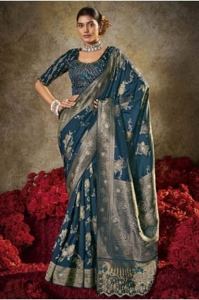 Sari bleu sarcelle en soie brodée SR29503