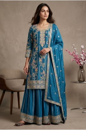 Ensemble Sharara bleu brodé en soie SS1375