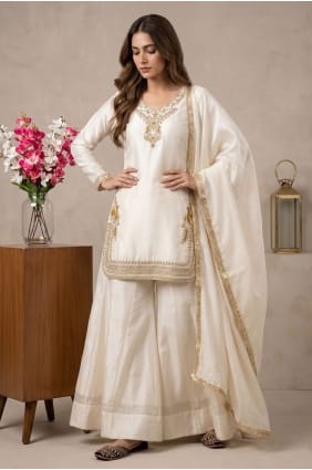 Ensemble sharara en soie blanc cassé avec broderies SS1389