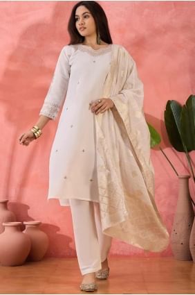 tailleur pantalon droit en soie brodée blanc cassé avec dupatta SK155464