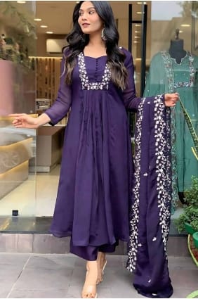 tailleur pantalon droit en soie brodée en voile avec dupatta SK155503