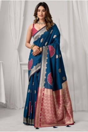 Sari en soie bleu sarcelle brodé SR29565