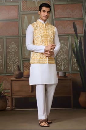 Kurta en soie brodée blanche pour homme KURR608