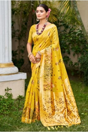 Sari en soie jaune brodée pour femme SR29838