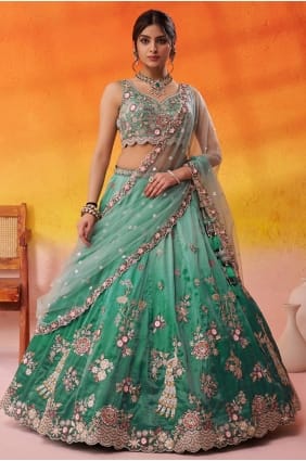 Lehenga Choli en tissu vert avec broderies LC8842