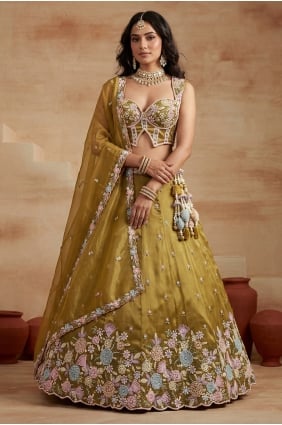 Lehenga Choli en tissu moutarde brodé LC9182