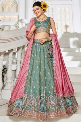 Lehenga Choli vert d'eau en tissu avec broderie LC8600