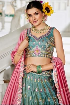 Lehenga Choli vert d'eau en tissu avec broderie LC8600