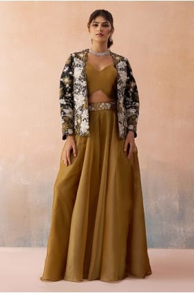 Ensemble palazzo moutarde en soie avec broderies PZ4500