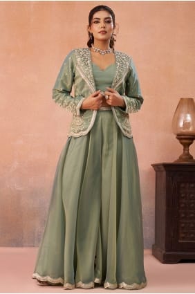 Ensemble palazzo en tissu brodé vert sauge avec dupatta PZ4503