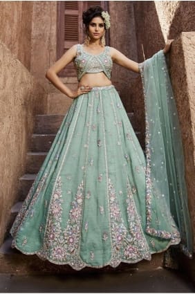 choli lehenga de fête vert mer en tissu brodé avec dupatta LC8358